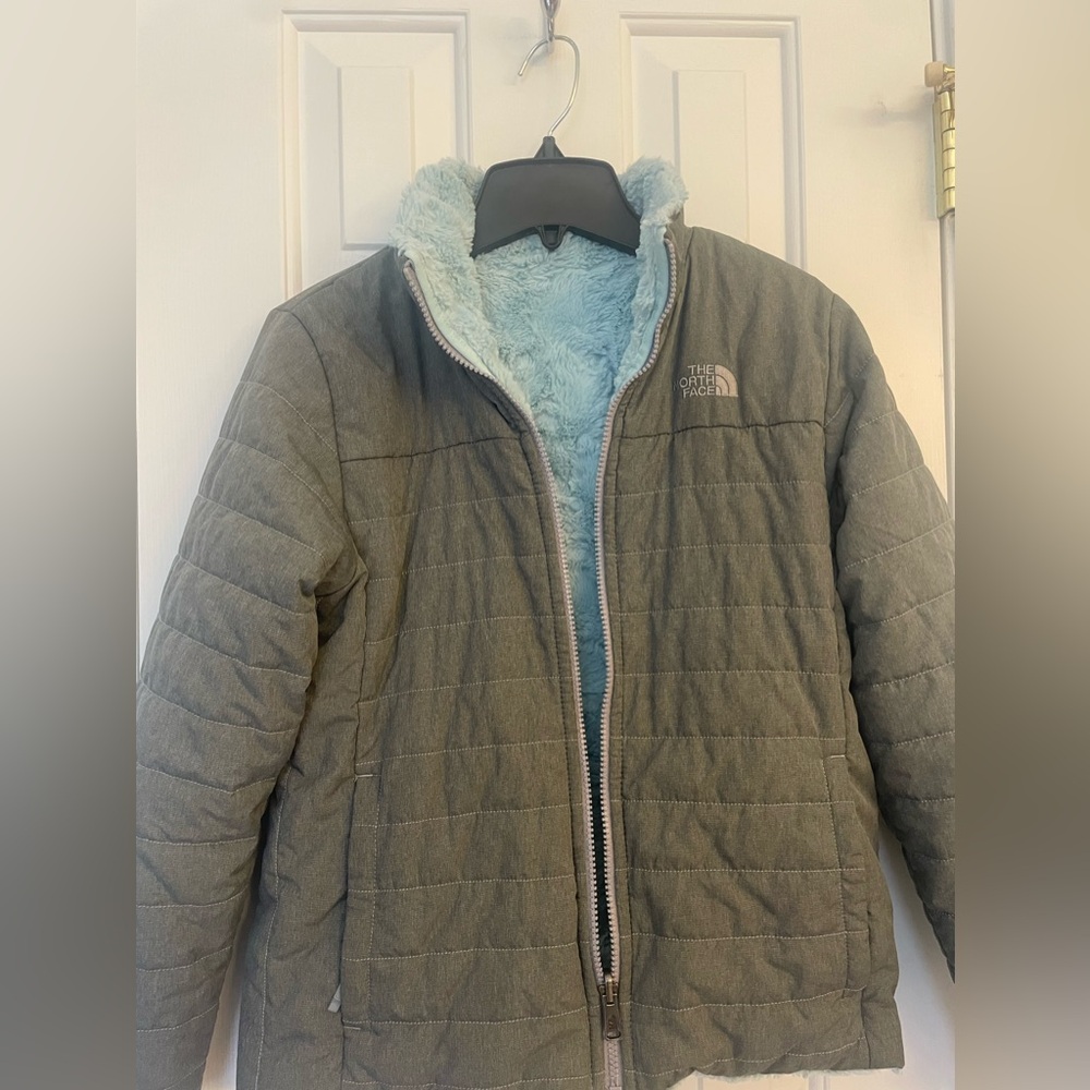 The North Face Kids Puffer Jacket in Gray with Light Blue Lining